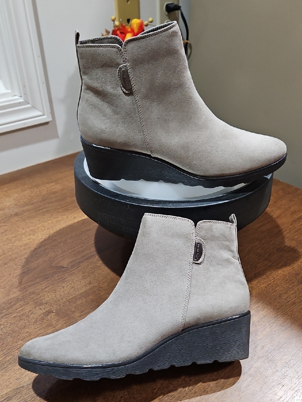 Anne Klein Taupe Suede Wedge Ankle Booties
